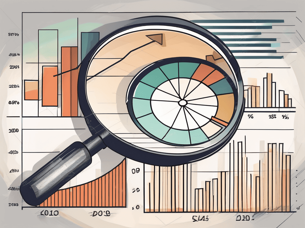 A magnifying glass hovering over a detailed pie chart and bar graph