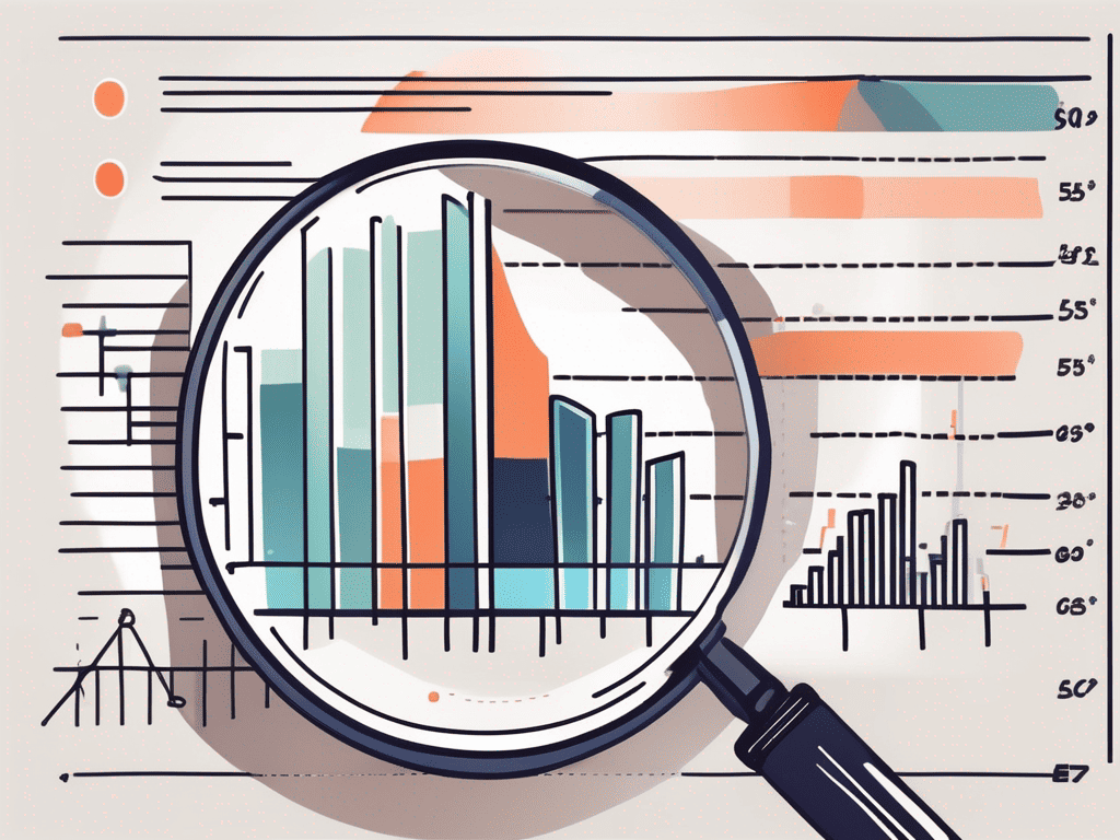 A magnifying glass focusing on a pie chart and bar graph