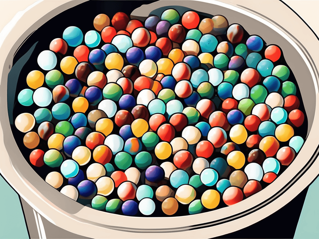 A sturdy bucket filled with colorful marbles