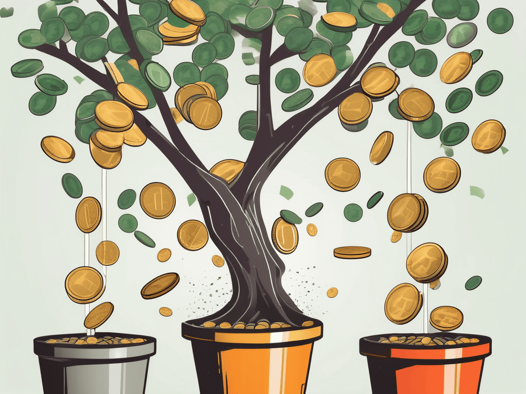 A money tree with coins dropping into multiple buckets to represent recurring monthly income