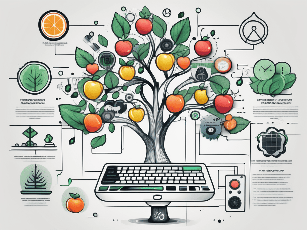 A flourishing tree with various tech-related symbols as fruits to represent the growth in saas industry