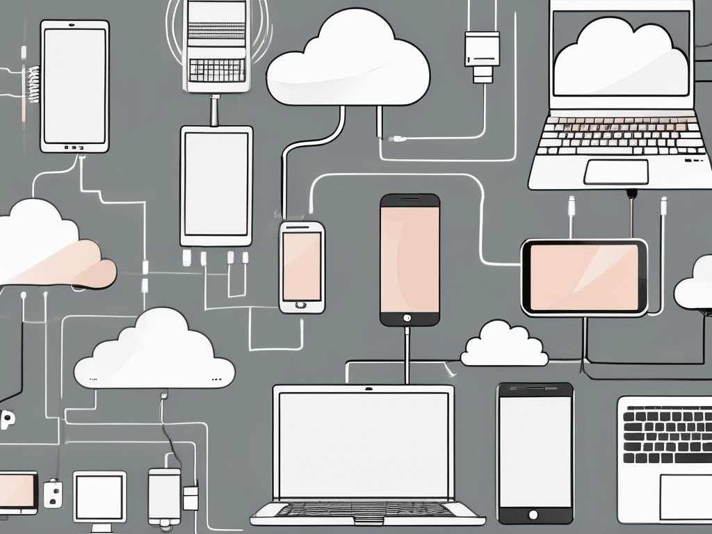 A cloud connected to various tech devices like a laptop