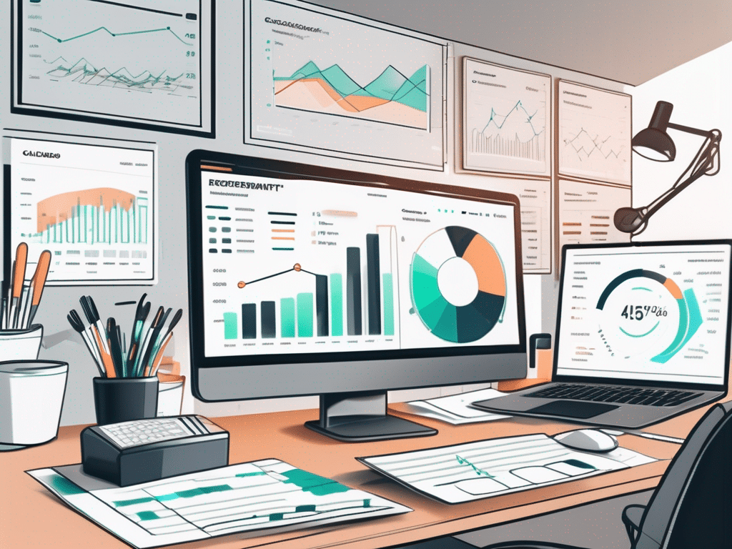 An organized workspace featuring a sleek digital dashboard displaying various charts and graphs related to expense management